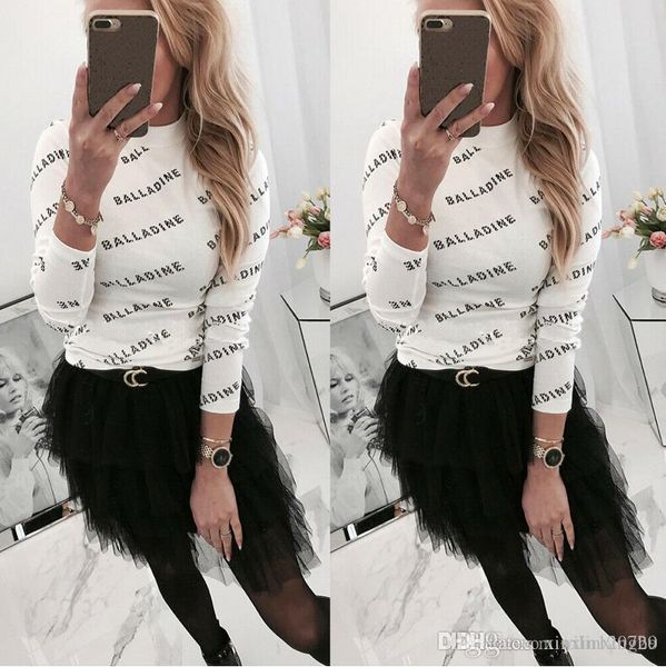 

new european and american women's letter print long sleeve slim bottoming shirt, White