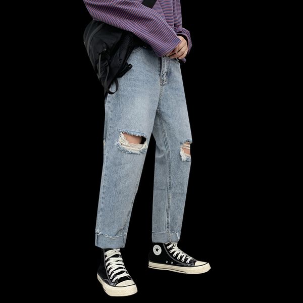 

new men's denim pants ripped jeans pants lined destroyed denim trousers thermal distressed jeans patchwork, Black
