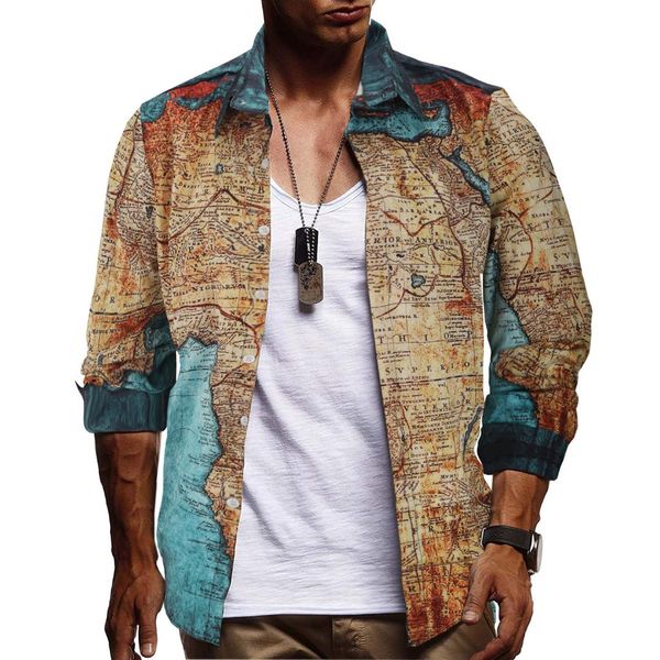 

autumn new european and american style map printing men's large size thin section long-sleeved shirt men's printed shirt, White;black