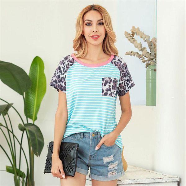 

summer t shirt short sleeve women striped tee 2020 new casual t-shirt female large size with pocket, White