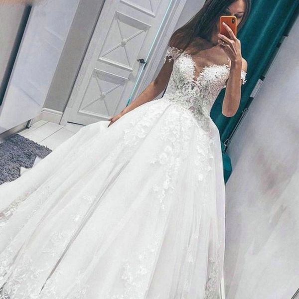 

gorgeous с плеча свадебные платья кружева аппликации тюль длина пола платье для замужества свадебные платья партии формальное халата де mari, White
