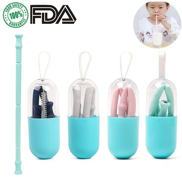 

new reusable foldable straw portable collapsible silicone drinking straw with cleaning brush for outdoor travel kitchen