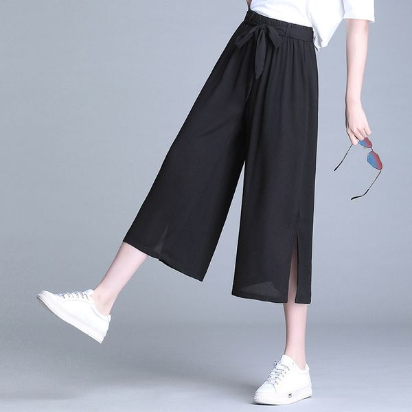 

2019 xia xianshou seven part degree of tightness high waist girl pants chiffon droop seven part wide leg pants woman, Black;white
