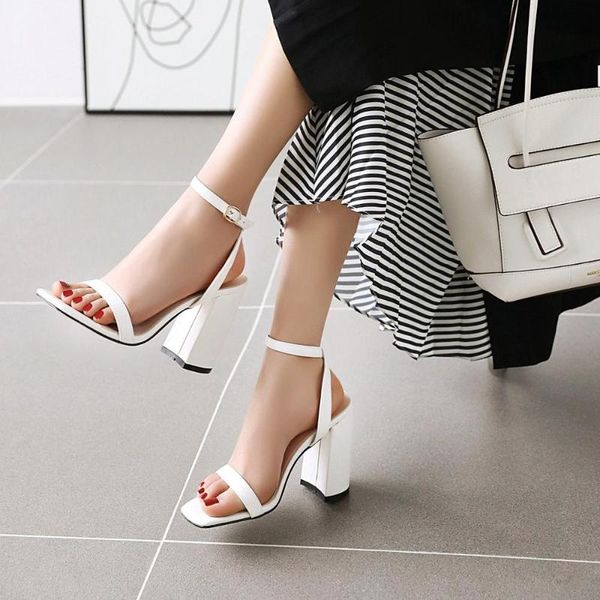 

summer high heels ankle buckle simple party chunky heels sandals plu 48, Black