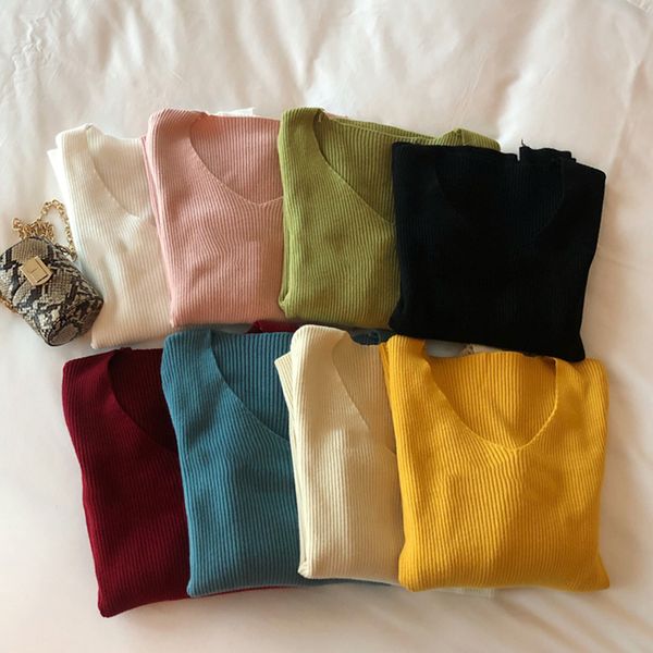

new deep v neck women sweater and pullovers 2019 winter pink gray knitted warm jumper slim stretch female sweaters, White;black