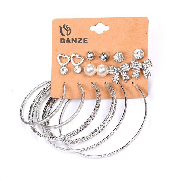 

9 pairs geometric earring set bar triangle circle pearl bow love big circle ear studs gift for women girls fashion gifts, Golden;silver