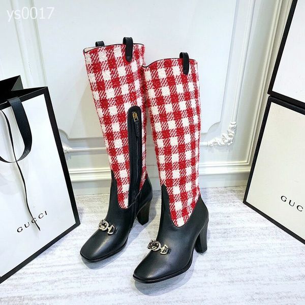 

2020 autumn and winter europe and america fashion boots high-heeled women's boots side zipper colorblock stripe thick with ms. knight b, Black