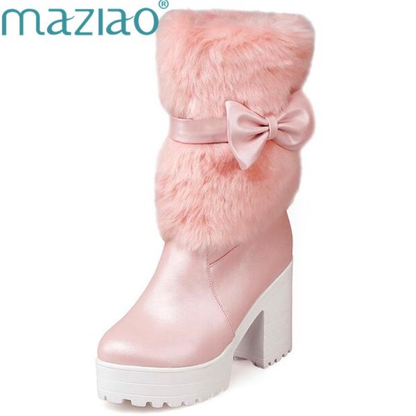 

maziao 2017 white ladies shoes high heel women mid calf boots sweet bow tie winter woman snow boots fur casual shoes size 34-42, Black