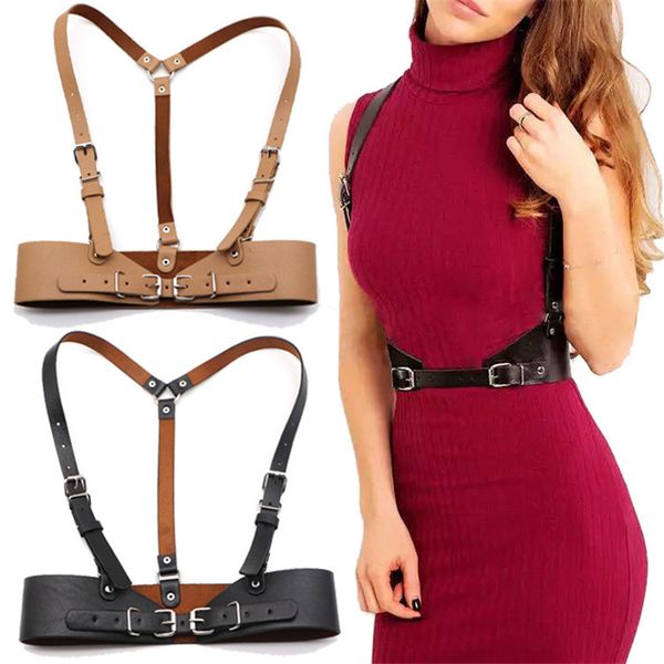 

hatcyggo women leather body harness punk female body bondage chest belts lingerie strap wide belt cummerbund black harness slim, Black;brown
