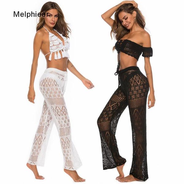 

sarongs melphieer lady' 2021 beachwear clothing cutout knitting trousers crochet beach cover pants drawstring belt bottom, Blue;gray