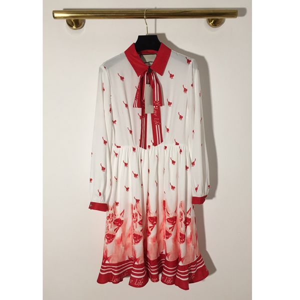 

11.13 autumn winter new bow-tie cat print long sleeve pleated dresses, Black;gray