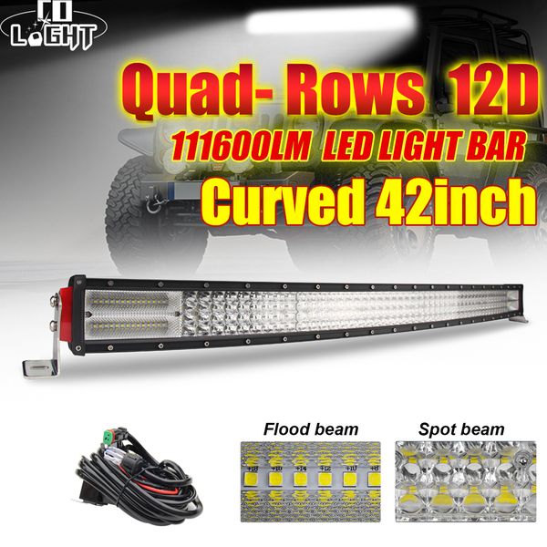 

42inch изогнутый светодиодный свет бар 12d combo beam 744 вт потребление quad ряды света работы сид для jeep внедорожник atv пикапа led bar