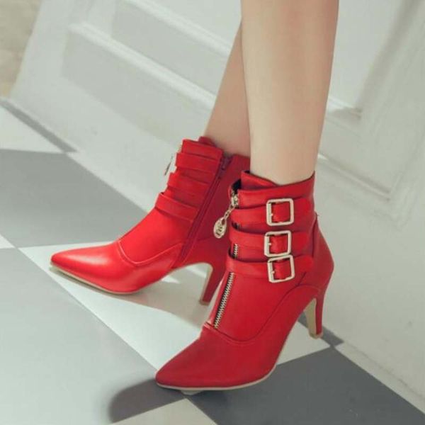 

2019 new women spring fashion solid ankle boots pointed toe autumn ladies 8cm thin heels zipper buckles boots size 34-42 6o0376, Black