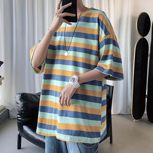 

летняя полосатая футболка мужская мода повседневная хлопчатобумажная футболка мужская уличная одежда дикий хип-хоп свободная футболка с коро, White;black