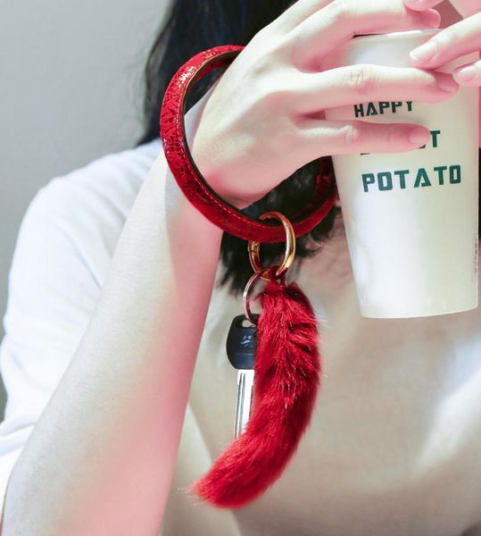 

artilady cut bangle keychain for women fur pompom leather key chains key ring bag charm jewelry gift for friends drop shipping, Silver