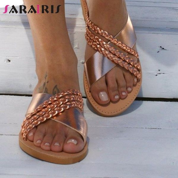 

sarairis fashion lady leisure casual sandals metallic slip on slippers women outdoor open toe summer chain beach shoes woman, Black