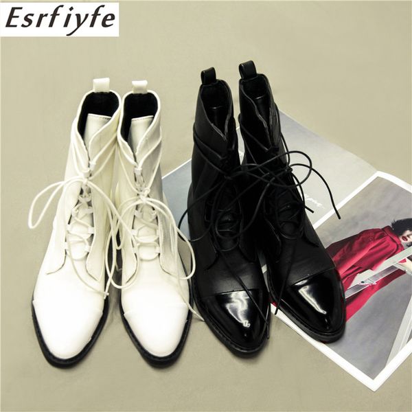 

esrfiyfe women ankle boots women pointed toe thick heel lace up black motorcycle boots shoes warm snow woman booties