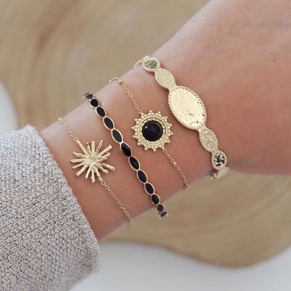 

4pcs/set fashion round geometric gem stars sun gold opening chain multilayer bracelet set women charm party wedding accessories, Black