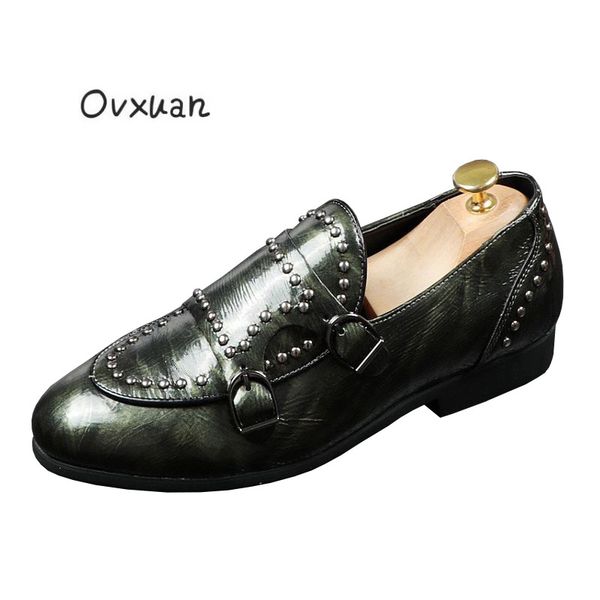 

ovxuan all green boots metal coin rivet microfiber leather slip-on strap mens punk shoes casual banquet men flats mocassin homme, Black