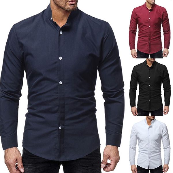 

business men solid color stand collar button down long sleeve shirt, White;black