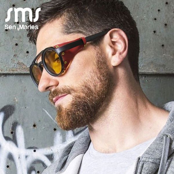 

round steampunk sunglasses men 2019 personality sun glasses women fashion red black leather rivets male and female eyeglasses, Blue