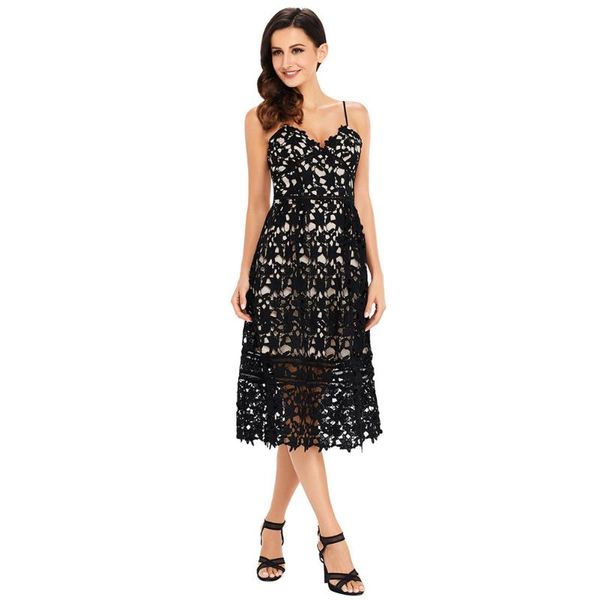 

shi ying europe and america mini formal dress lace hollow out camisole v-neck sleeveless high-waisted both sides have pocket dre, White;black