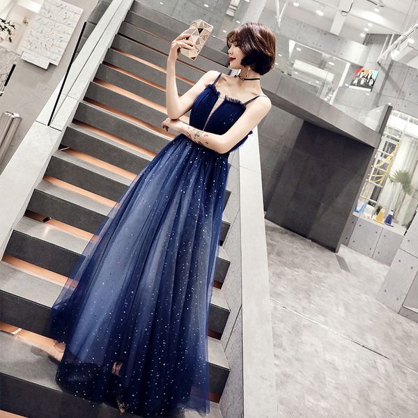 

banquet evening dress female 2019 summer straps blue star dreamy ladies birthday dress party long section, Red