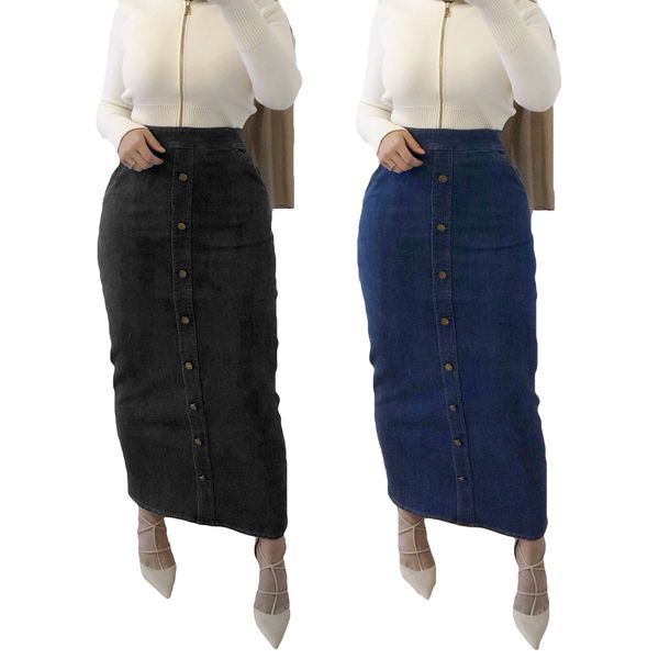 

muslim women denim skirt buttons bodycon stretch pencil skirts high waist pockets jeans skirts islamic bottoming casual cocktail, Red