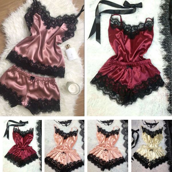 

2pcs women satin lace sleepwear babydoll lingerie nightdress pajamas sets pjs sleep crop + shorts set, Blue;gray