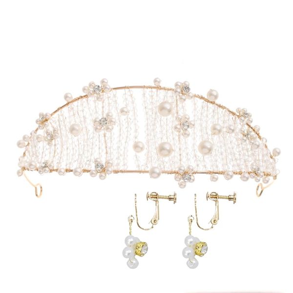 

elegant imitation pearl wedding crown tiara earrings set for bridal wedding jewelry headdress jewelry set for women, Silver