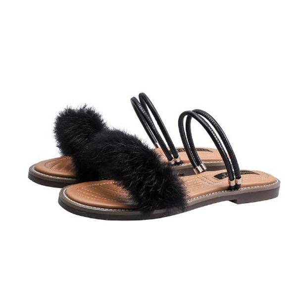 

2019 new flat bottom two wear casual fur high heels plush word belt, Black