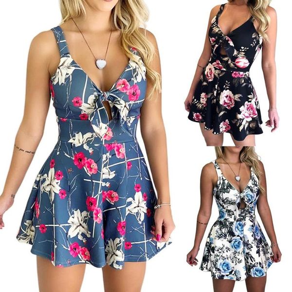 

women playsuit sleeveless bow floral print waist tight jumpsuit romper soft and lightweight fabric v neck jumpsuit, Black;white