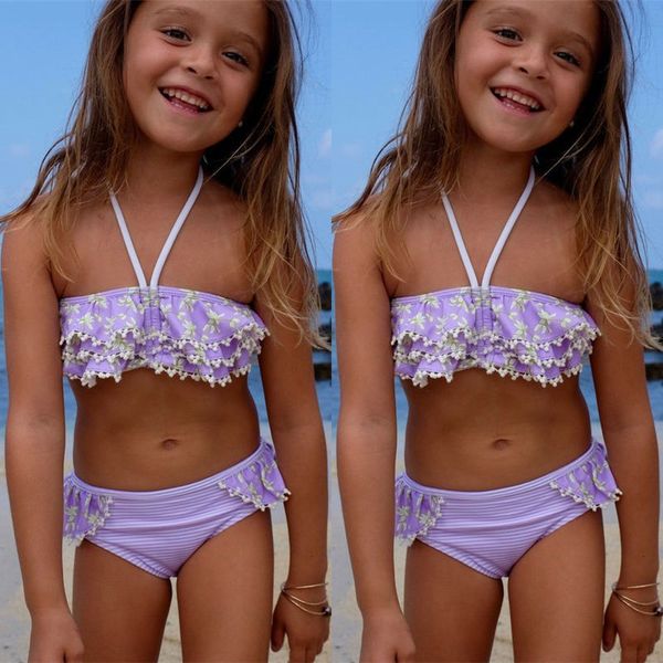 

2020 baby girls summer floral purple swimwear kids child swimsuit bikini set swimsuit beachwear biquni split two-pieces swimwear