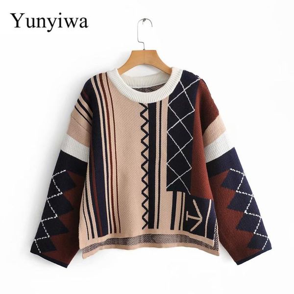 

2020 autumn winter fashion women contrast color knitting sweater female geometric pattern casual pullover chic leisure, White;black