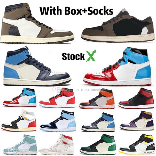 

2020 1 1s travis scotts fearless obsidian mens basketball shoes court purple unc banned bred toe men sport designer sneakers, White;red