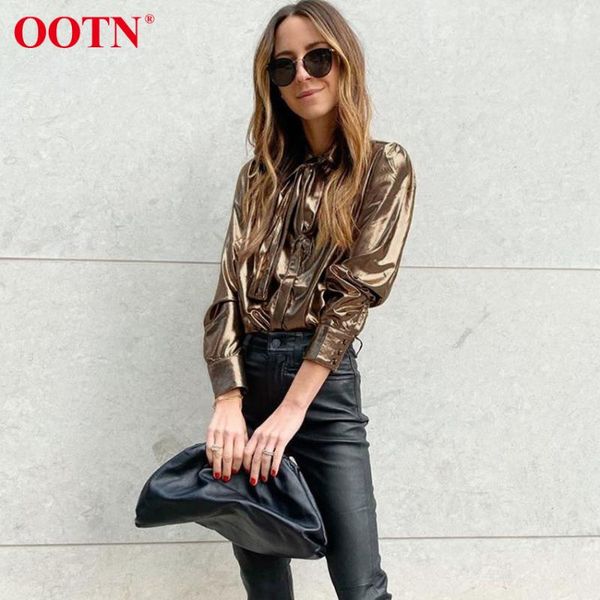 

ootn golden fake leather women shirt bow tie turn down collar office blouse 2020 fashion spring long sleeve blouses ladies, White