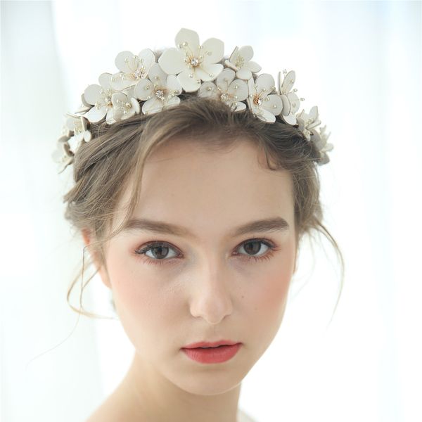 

leather floral bridal crown handmade rhinestone beaded wedding headband party prom hair jewelry fashion brides hair accessories, Golden;white