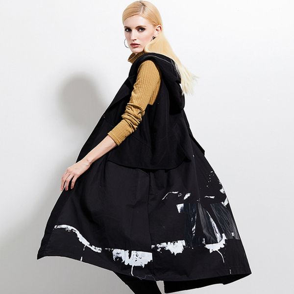 

fashion black hooded sleeveless stitching print dark buckle waist women vest jacket casual fashion tide autumn coat new td131, Black;white