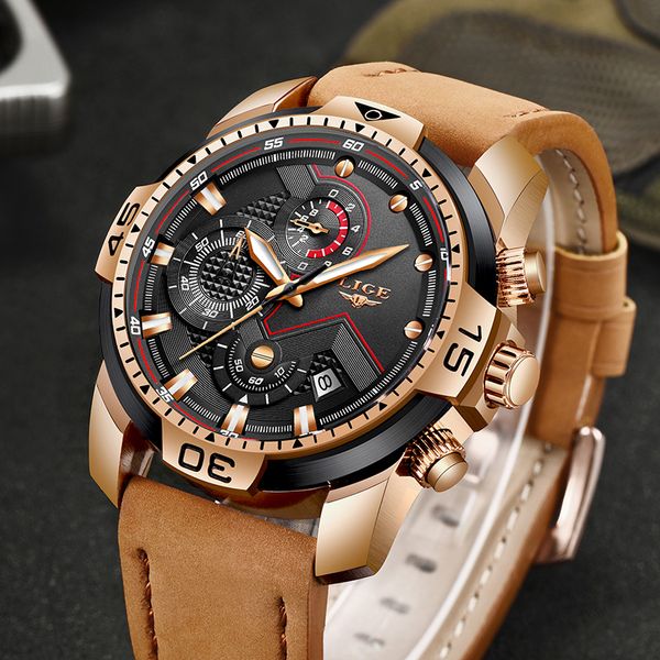 

lige mens watches sport watch men leather waterproof wristwatch analog quartz clock relogio masculino, Slivery;brown