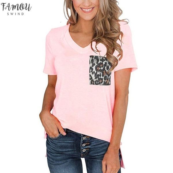 

sagace harajuku womens t shirt summer short sleeves v neck t shirt womens leopard pocket casual basic leopard t shirt female, White