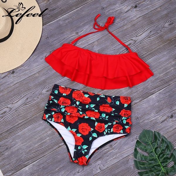 

lefeel halter bikini set ruffle floral backless women swimsuit high waist swimwear bathing suit 2019 new style beachwear, White;black
