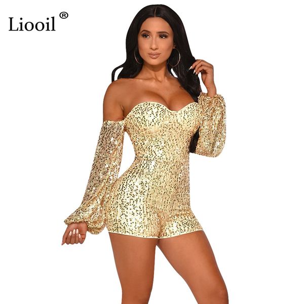 

liooil off shoulder bodycon playsuits women sequin tight jumpsuit fall 2019 long sleeve gold silver party jumpsuits shorts, Black;white