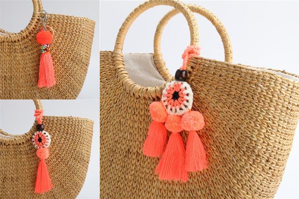 

1pc orange pompons keychains women handbag charms pom pom keyring with tassel bohemian, Silver
