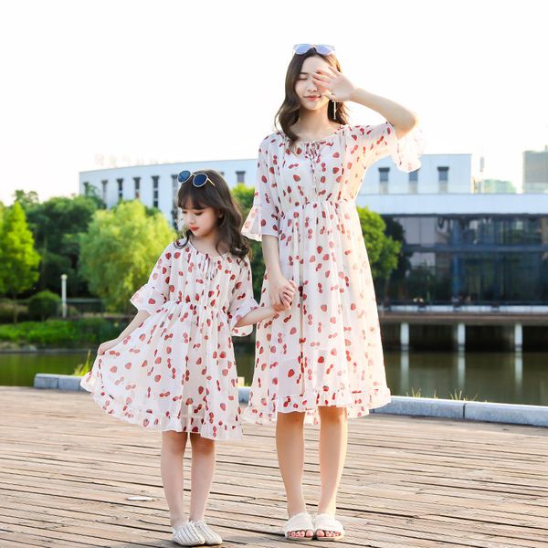 

вишневый шаблон печати мать дочь платье шифоновое материал семьи matching наряды пэчворк одежда мама и дочь платье, Blue