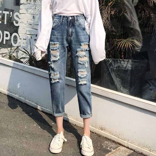 

hole jeans women nine minutes denim pants the spring and autumn period students new bf joker high waist, Blue