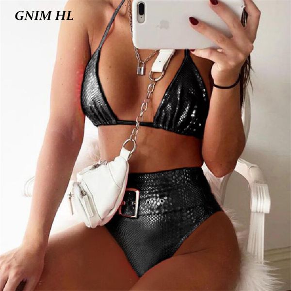 

gnim high waist swimsuit women two pieces pu leahter bikini mujer 2020 solid swimwear with belt summer bathing suit biquini, White;black