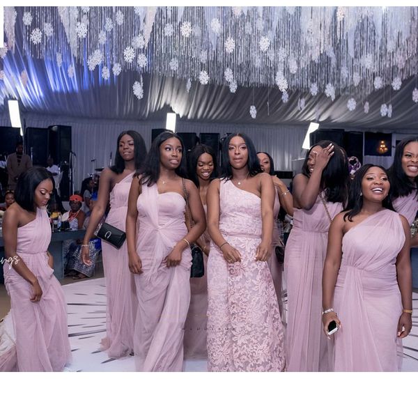 

pastels light pink one shoulder bridesmaid dresses ruffle long bohemian black grils maid of hornor dresses lace wedding guest dress, White;pink