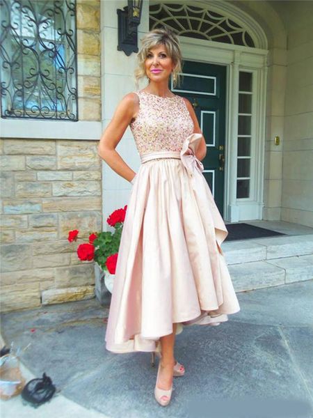

beaded high low mother of the bride groom dresses bateau neckline ruched satin plus size formal evening gowns with bow, Black;red