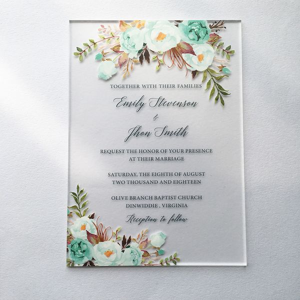 

50 pieces per lot beautiful watercolor style 5x7inch frosted acrylic wedding invitation cards