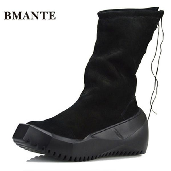 

men genuine leather heavy base shose trainers solid male ankle boots casual mid-calf flats high spring black sneaker